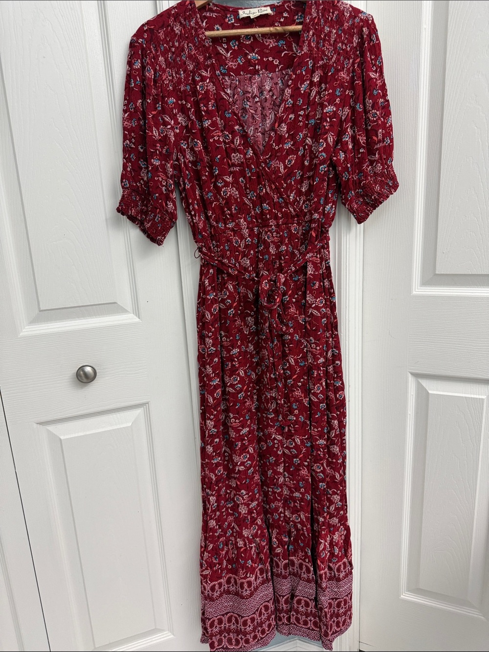 Indigo Rose Red Floral Maxi Wrap Dress with Tie Waist size large